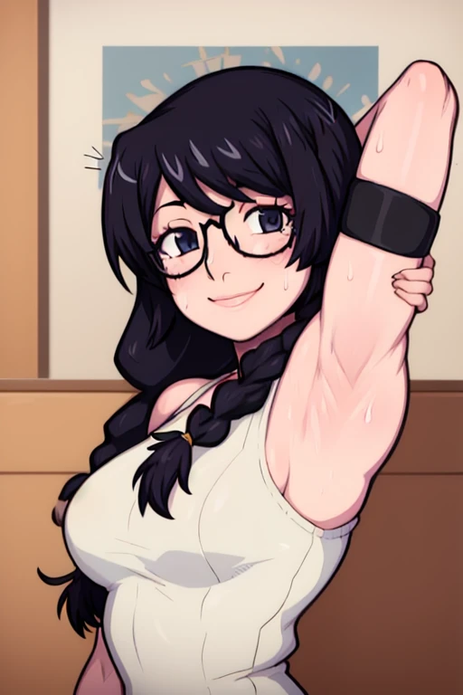 masterpiece, best quality, hanekawa tsubasa, looking at viewer, black braid hair, large breasts, upper body, portrait, looking at viewer, seductive smile,both hands raised, armpits, armpits visible, sweaty armpits, wearing glasses