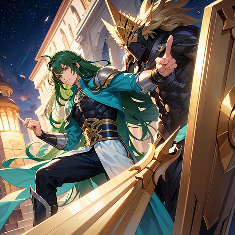 Tall manly man, strong build, long loose ash hair, green eyes, blue shirt, Saint Seiya armor with a shield