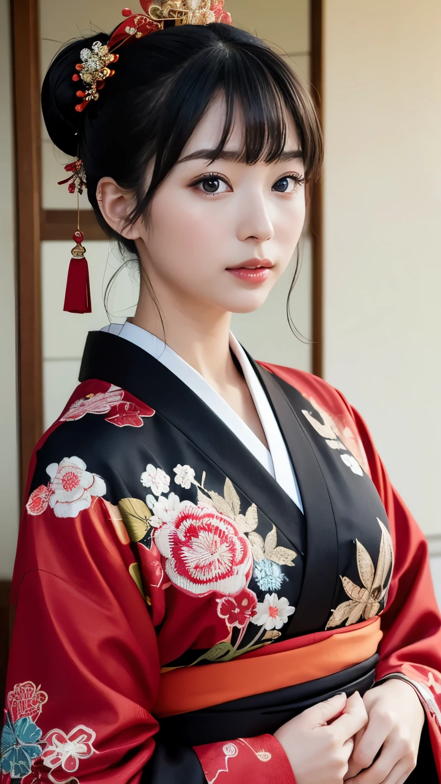 (masterpiece), highest quality, Expressive eyes, Beautiful manga Japanese woman with perfect face, MangaKawaiiAnime, Beautiful Japanese Kimono, The kimono has a dragon embroidered on it... Black and red clothing colors, Japanese women'Long hair, Black hair color, Ponytail hairstyle, single eyelid, Hooded Eyestyle, Sensual, Sank, Fascinating and mysterious., facial expression smile., Beautiful photo situation.