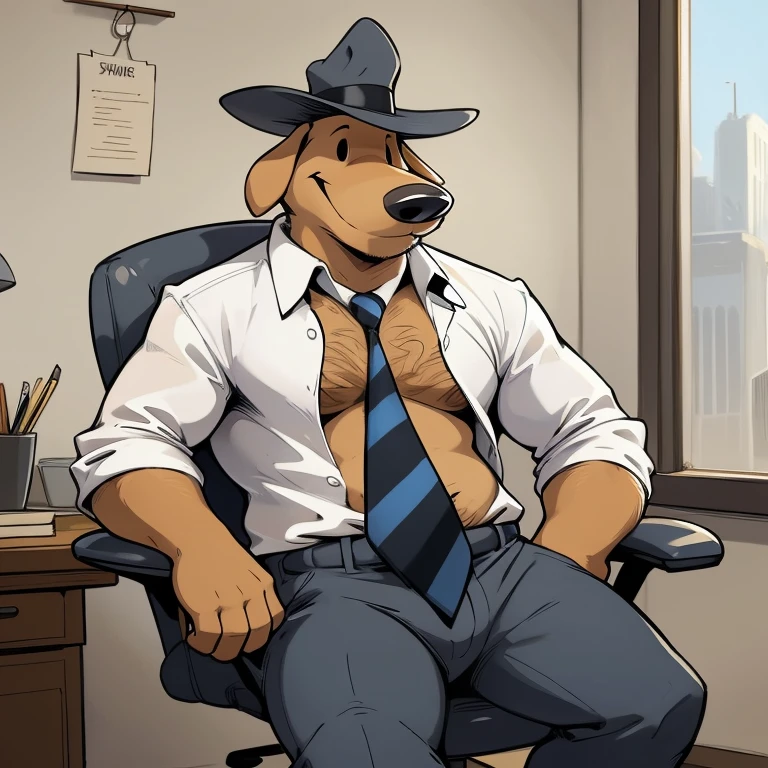 Solo male, sam, dog, tall, stocky body, slightly chubby, mature, long droopy dog ears, black eyes, brown fur, blue grey suit and pants, blue grey hat, blue and black striped necktie, (by haps), (hi res, best quality, high quality, detailed, shaded, shading, masterpiece:1.2), detailed clothing, smirk, seductive smile, hairy chest, (white Open shirt:1.5), (necktie removed), sitting in office chair