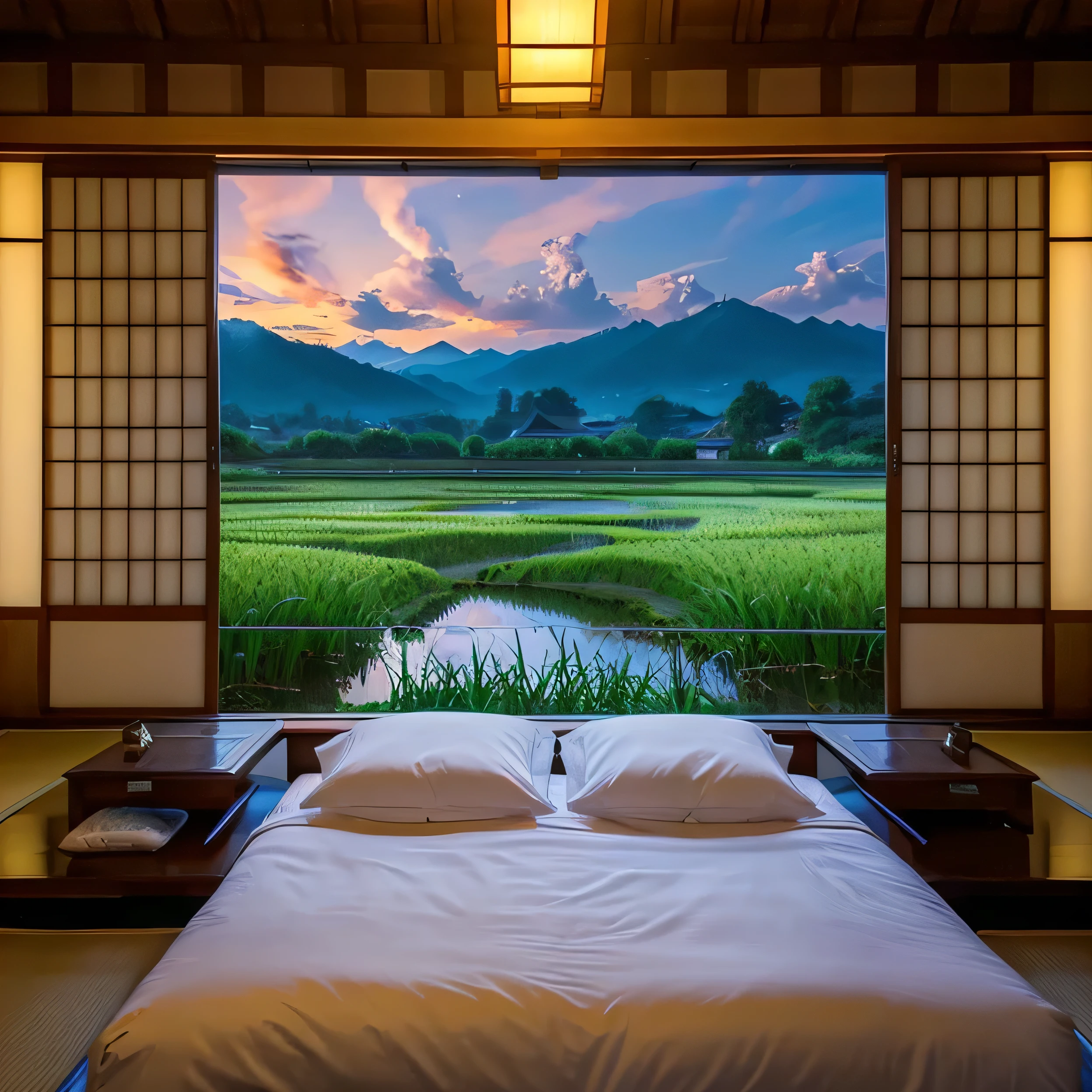 ((highest quality)), ((masterpiece)), (be familiar with), 4K, Anime Style, evening, Luxury bed, Rural Scenery, Japan Night, Shoji screen, Paddy field, View from the bed, Rooms