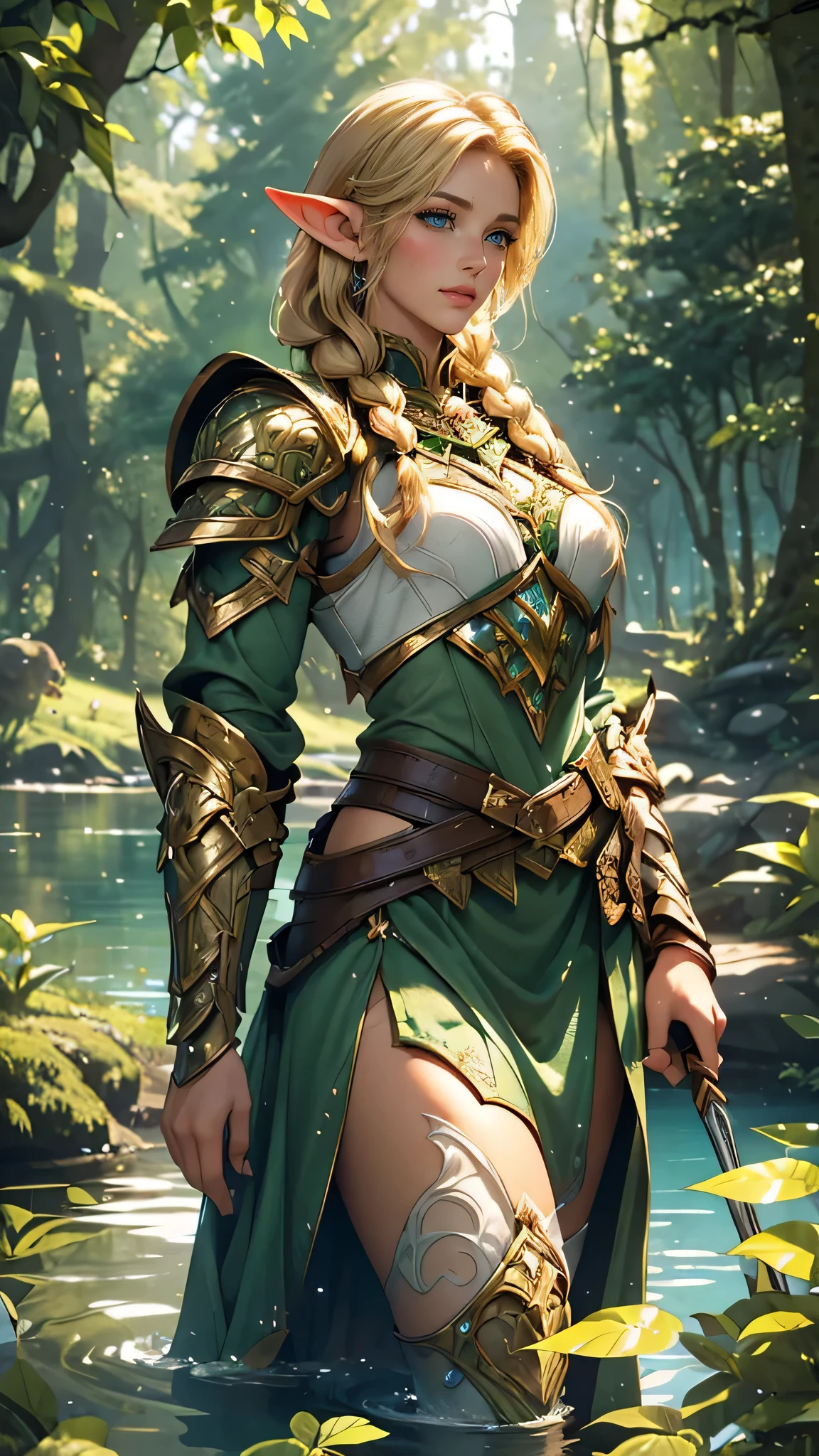 (highres, realistic:1.2), detailed eyes, detailed lips, long eyelashes, beautiful elf warrior girl, blonde hair, braids, green armor, holding an arrow, dense forest, serene lake, fantasy theme, magical atmosphere, intricate designs on the armor, sunlight filtering through the trees, shimmering water, ethereal beauty, misty surroundings, graceful appearance, determined expression.