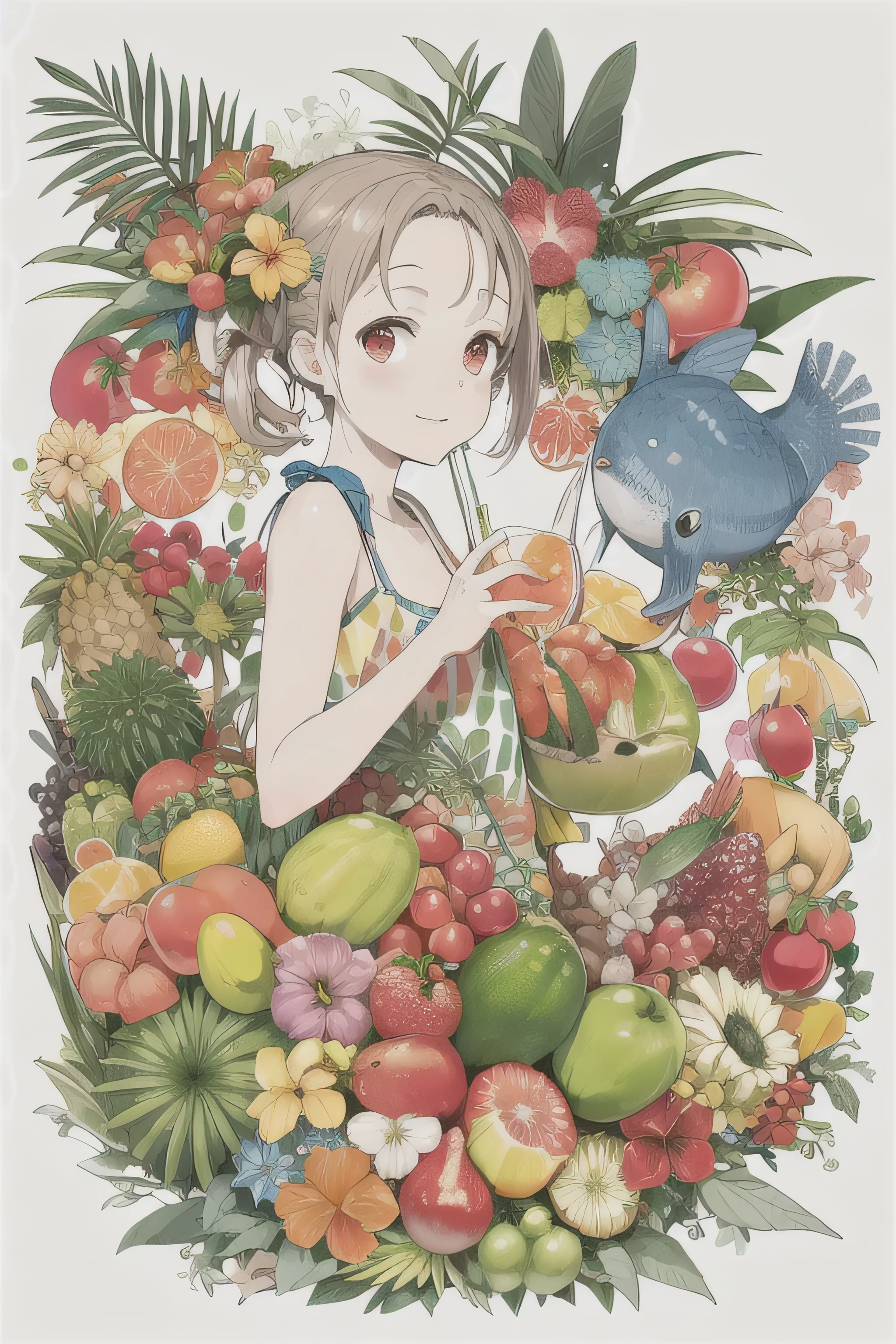 frutas tropicales junto a una botella