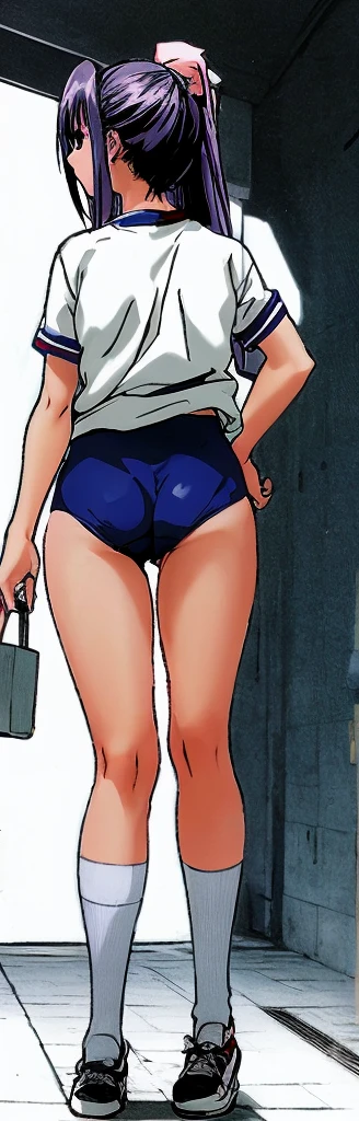 Momoko Koigakubo, a tall girl with beautiful legs, is standing from behind in a white gym uniform and light navy blue bloomers that look like panties.。