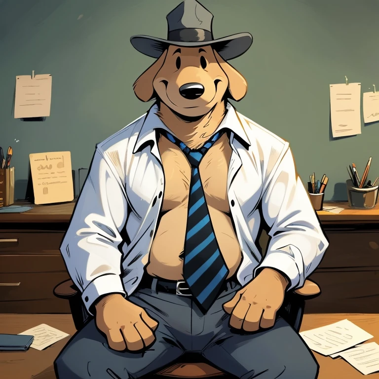 Solo male, sam, dog, tall, stocky body, slightly chubby, mature, long droopy dog ears, black eyes, brown fur, blue grey suit and pants, blue grey hat, blue and black striped necktie, (by dramamine, by haps), (hi res, best quality, high quality, detailed, shaded, shading, masterpiece:1.2), detailed clothing, smirk, seductive smile, (white Open shirt:1.5), (necktie removed), sitting in office chair