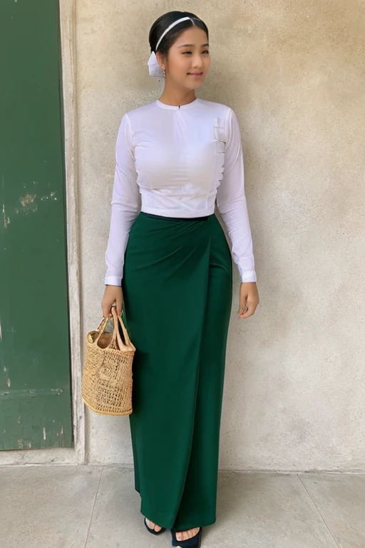 A school teacher is 60years old.Tall, thin, big hips, big breasts, blonde hair, small lips, blue eyes, attractive, 64K.Top=white Burmese blouse,With long sleeves,Buttoned at the side.Bottom=(Dark green) long skirt.
Footwear=female Burmese sandals,The hair is knotted bun.European.Nun Headpiece.