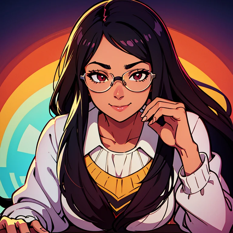 a Brown skin girl with black straight and long hair with silver and round glasses is smiling, arte lofistyle, fanart oficial, arte lofi, Rhads e Lois Van Baarle, retrato de lofi, jazz e rossdraws, lazy |, fanart de alta qualidade