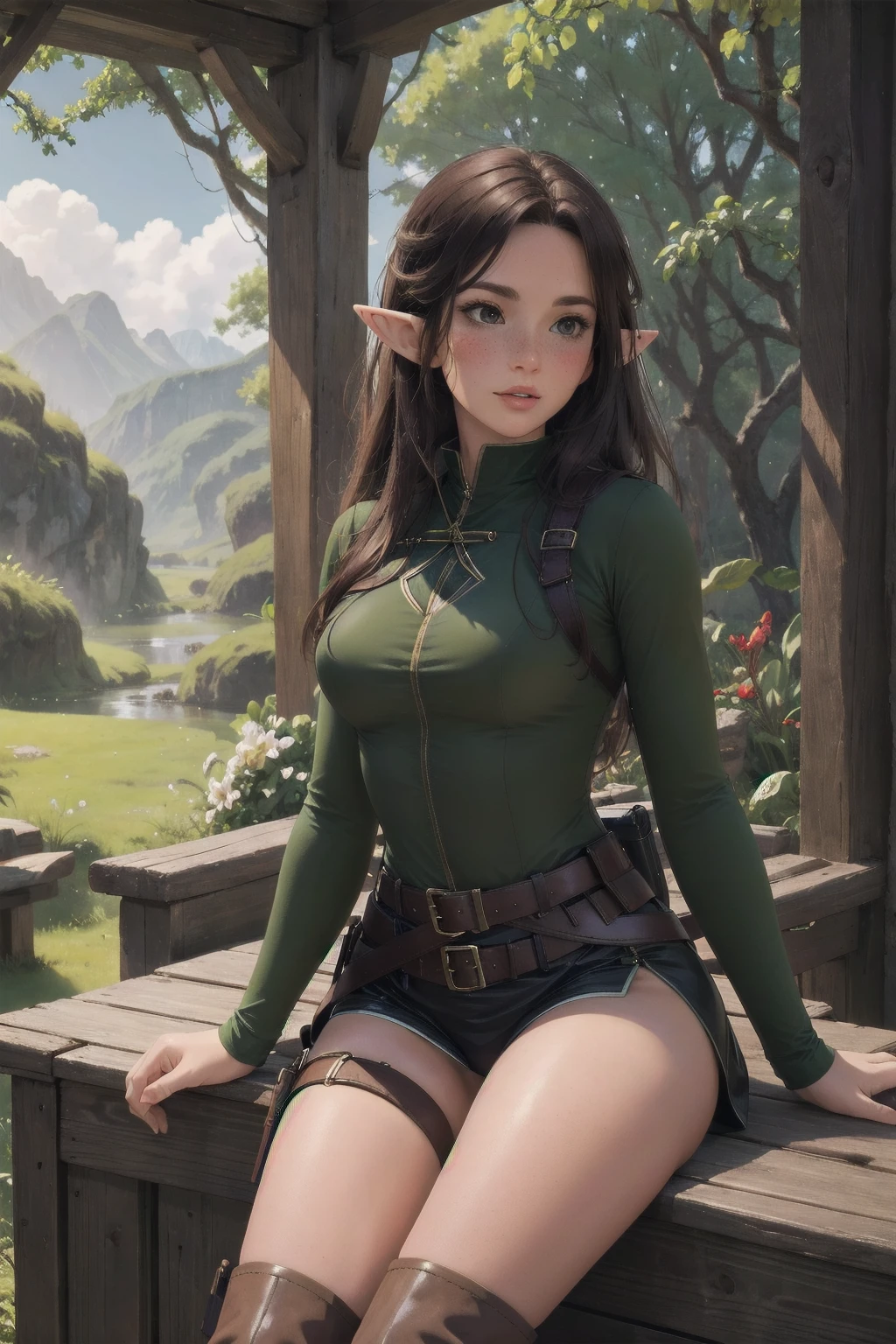 Masterpieces, best quality, perfect, wood, outdoors, forest, elf, sfw,26 years old, mature woman, leather, small ears, blushing, freckles, facing viewer, brown hair, full body, archer, long torso, mouth open, glossy lips, large waist, thick thighs, sitting on log, facing viewer, thigh high socks, hourglass shape, slim waist, thigh gap, cleavege, adult woman, cleavege window, large breasts, beautiful background, perfect landscape, the most peacefull place you've ever been, a welcoming woman, lush pastures, leg strap, leg holster, belt, hunger games, holding wooden bow, holding fancy elf bow, milf, thigh boots held up by leather waist strap