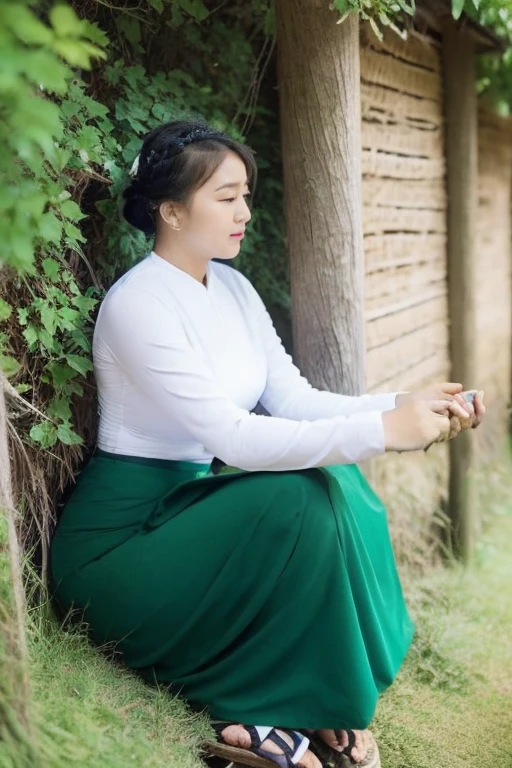 A school teacher is 60years old.Tall, thin, big hips, big breasts, blonde hair, small lips, blue eyes, attractive, 64K.Top=white Burmese blouse,With long sleeves,Buttoned at the side.Bottom=(Dark green) long skirt.
Footwear=female Burmese sandals,The hair is knotted bun.European.Nun Headpiece.