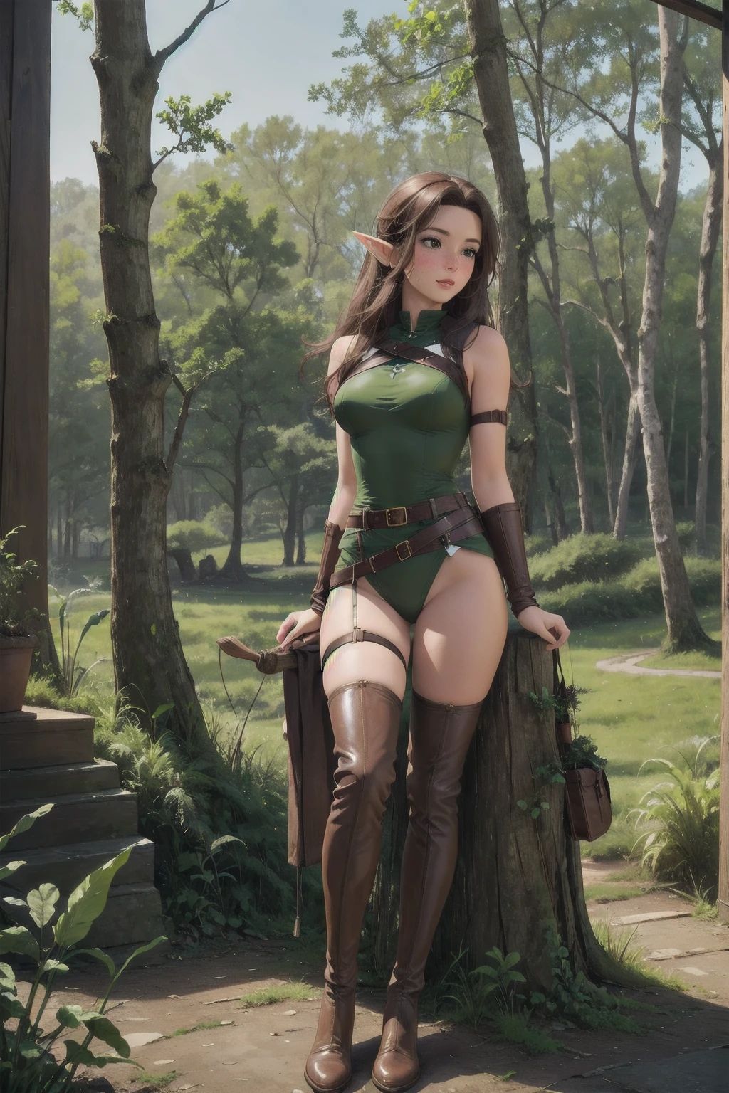 Masterpieces, best quality, perfect, wood, outdoors, forest, elf, sfw,26 years old, mature woman, leather, small ears, blushing, freckles, facing viewer, brown hair, full body, archer, long torso, mouth open, glossy lips, large waist, thick thighs, sitting on log, facing viewer, thigh high socks, hourglass shape, slim waist, thigh gap, cleavege, adult woman, cleavege window, large breasts, beautiful background, perfect landscape, the most peacefull place you've ever been, a welcoming woman, lush pastures, leg strap, leg holster, belt, hunger games, holding wooden bow, holding fancy elf bow, milf, thigh boots held up by leather waist strap, cleavege cutout,