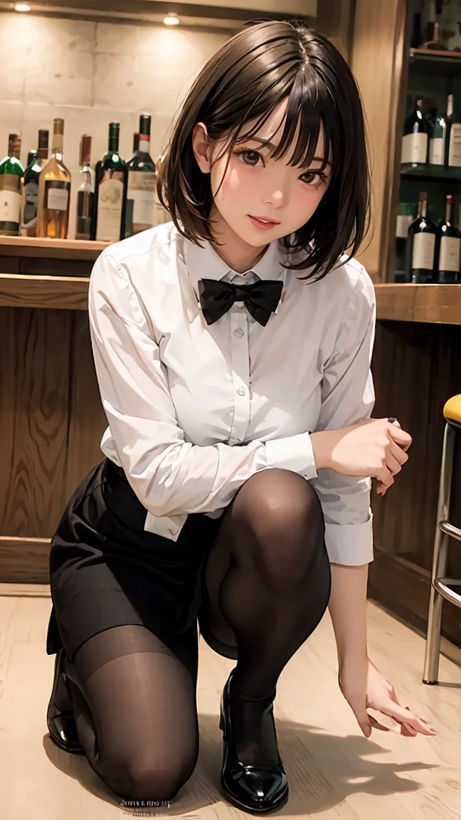 masterpiece, best quality, 8k,1 girl, solo, 15years old,Japanese,medium breasts, shortbob hair, black hair, black eyes, white shirt formal,black pencil mini skirt, (((black pantyhose))),(( full body)), whole body,front,bar,Best details, Very detailed, Very detailed, In detail, Real Skin, Delicate facial features, Detailed face and eyes,Realistic student,Bar clerk,on one knee,