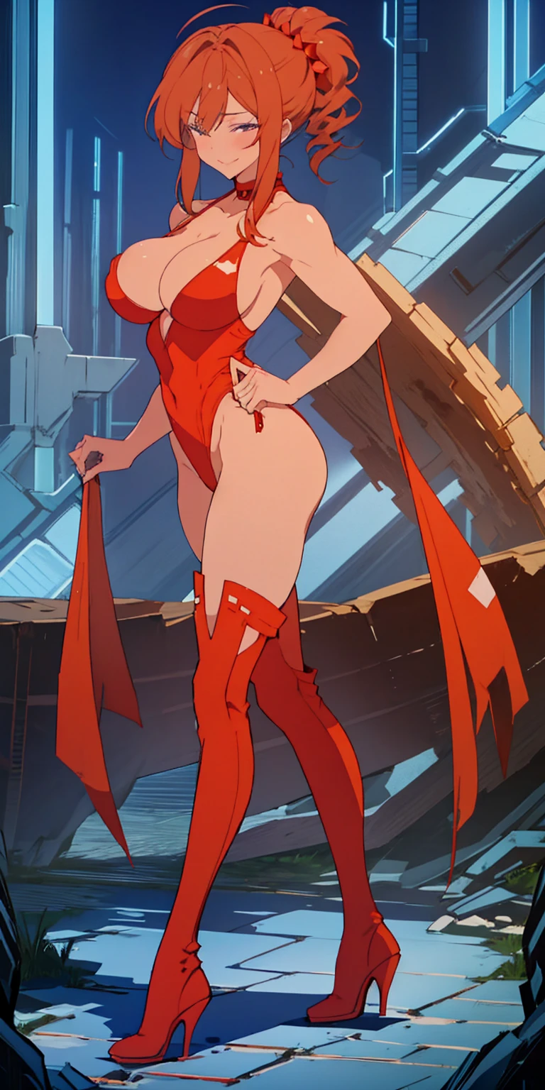 full body standing good face, nice ass, red spiky hair, beautiful woman, wide hips, cleavage, jumpsuit, leotard, heavy boots, apocalypse, muscular, thighs, mature woman, abs, looks at the viewer, lustful smirking smile face red blush