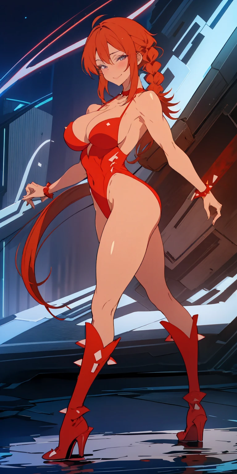 full body standing good face, nice ass, red spiky hair, beautiful woman, wide hips, cleavage, jumpsuit, leotard, heavy boots, apocalypse, muscular, thighs, mature woman, abs, looks at the viewer, lustful smirking smile face red blush