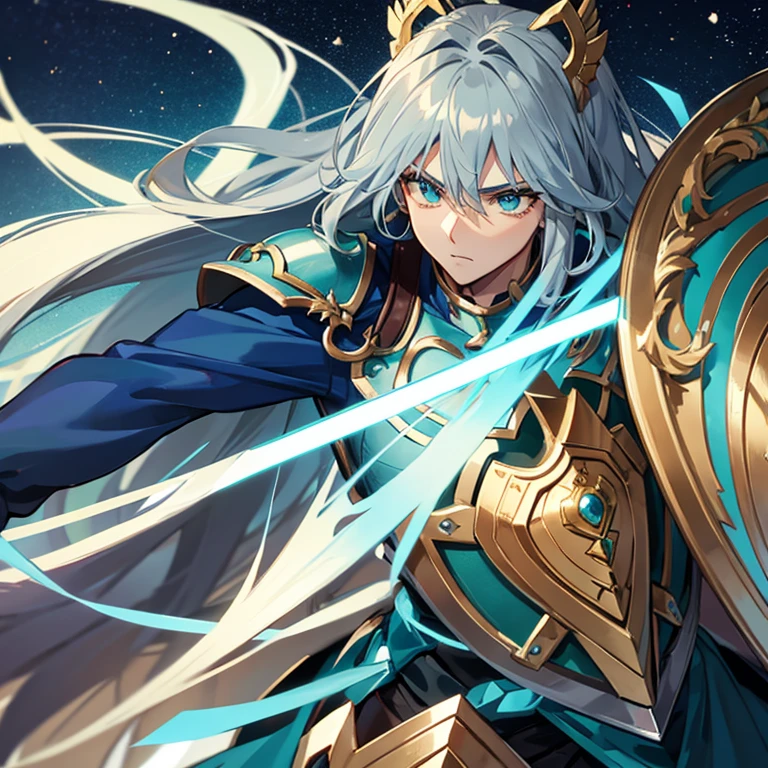 Tall manly man, strong build, long loose ash hair blue, green eyes, blue shirt, Saint Seiya silver armor with a shield