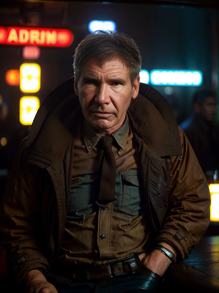 Harrison Ford as Rick Deckard in Blade Runner, Rainy Chinatown, (Eating noodles at a Chinese restaurant(1.7)), DC, (close:1.3),Brown jacket,Colorful shirts and ties,Sitting at a bar,Cyberpunk cityscape,Volumetric lighting,masterpiece,Cinematic