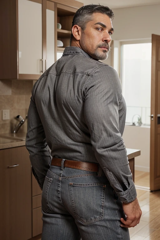 He's a big boy with Short gray hair, calm golden eyes, intense gray eyebrows with eyelashes of the same color, light brown skin, a scar on his left jaw, Serious facial features. He has no beard and no mustache. + He is in his fifties. Full body. Big muscular body, Big butt, Muscular legs. Jeans backside, bent over backside