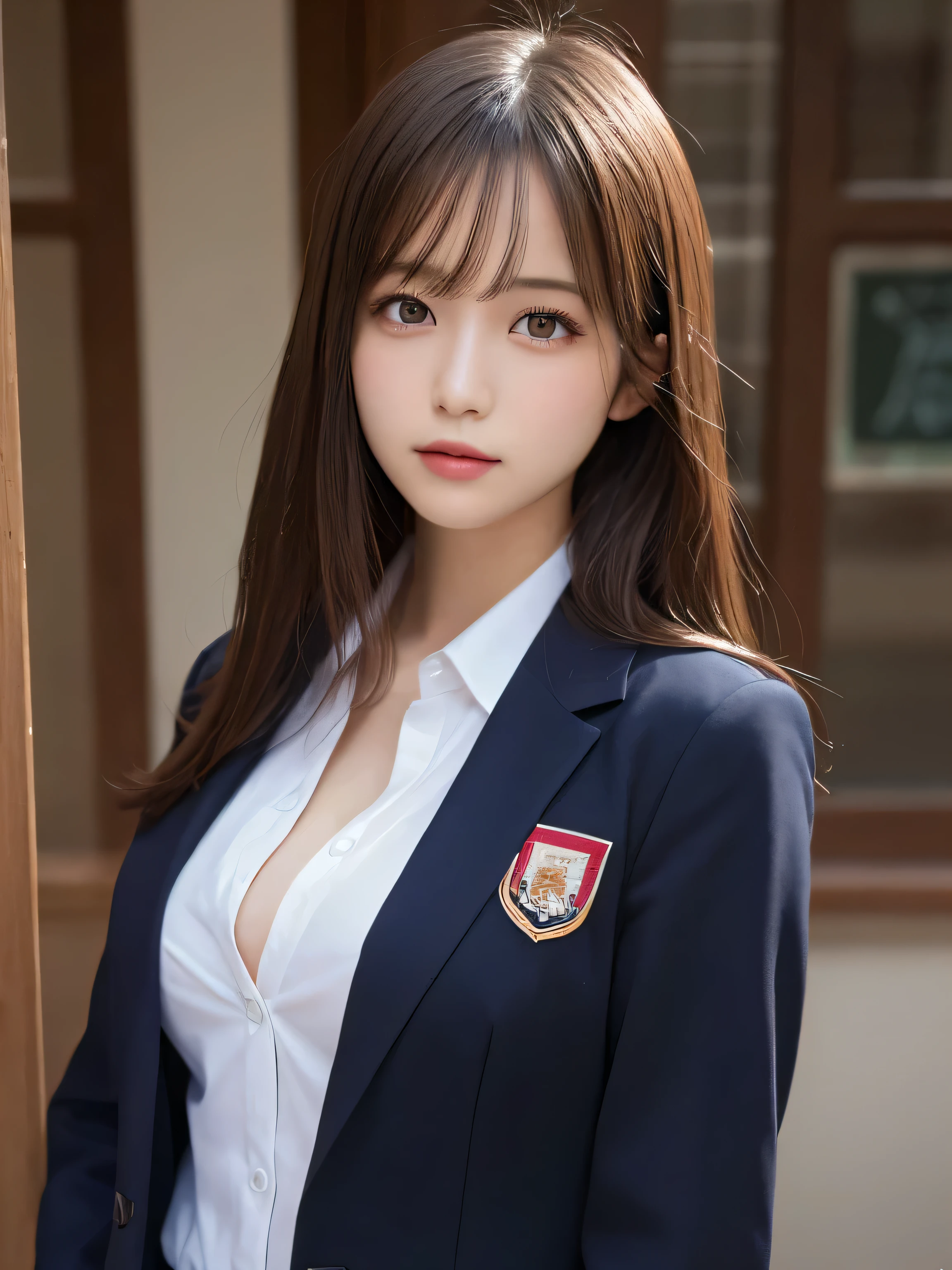 masutepiece, Best Quality, Illustration, Ultra-detailed, finely detail, hight resolution, 8K Wallpaper, Perfect dynamic composition, Beautiful detailed eyes, Natural Lip,Blazer ,, Big breasts, Full body,You can see the chest
