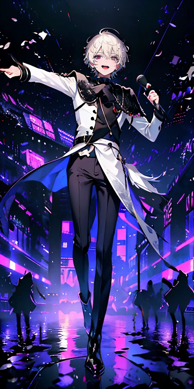 (Mastepiece), (Best Quality), Very detailed, ((1 boy)), Perfect Face, Beautiful Face, Very detailedな顔,((White hair_short hair_black eye:1.3)),Full body photography、Male solo idol、Gorgeous idol costumes、Cape、boots、(pants:1.2)、(Hold the microphone)、stage、Concert Dome、Lots of confetti、(smile:1.4)、(Open your mouth wide)、sing、dance、Wink、Laser light、Spotlight