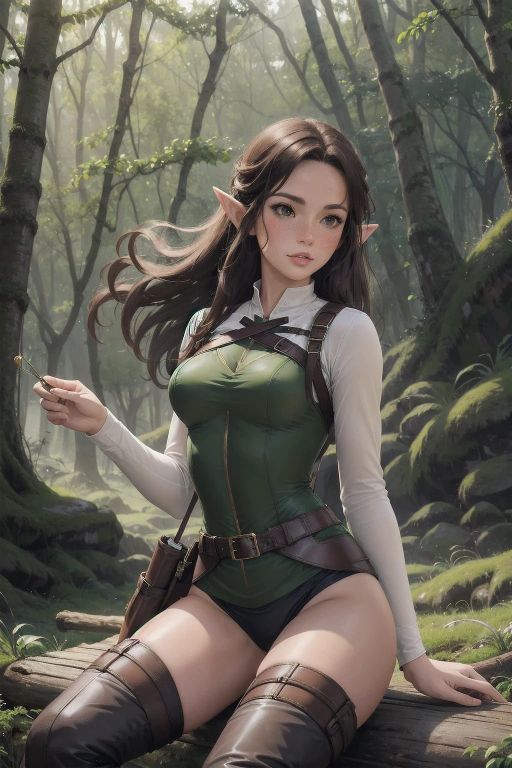 Masterpieces, best quality, perfect, wood, outdoors, forest, elf, sfw,26 years old, mature woman, leather, small ears, blushing, freckles, facing viewer, brown hair, full body, archer, long torso, mouth open, glossy lips, large waist, thick thighs, sitting on log, facing viewer, thigh high socks, hourglass shape, slim waist, thigh gap, cleavege, adult woman, cleavege window, large breasts, beautiful background, perfect landscape, the most peacefull place you've ever been, a welcoming woman, lush pastures, leg strap, leg holster, belt, hunger games, holding wooden bow, holding fancy elf bow, milf, thigh boots held up by leather waist strap, cleavege cutout,