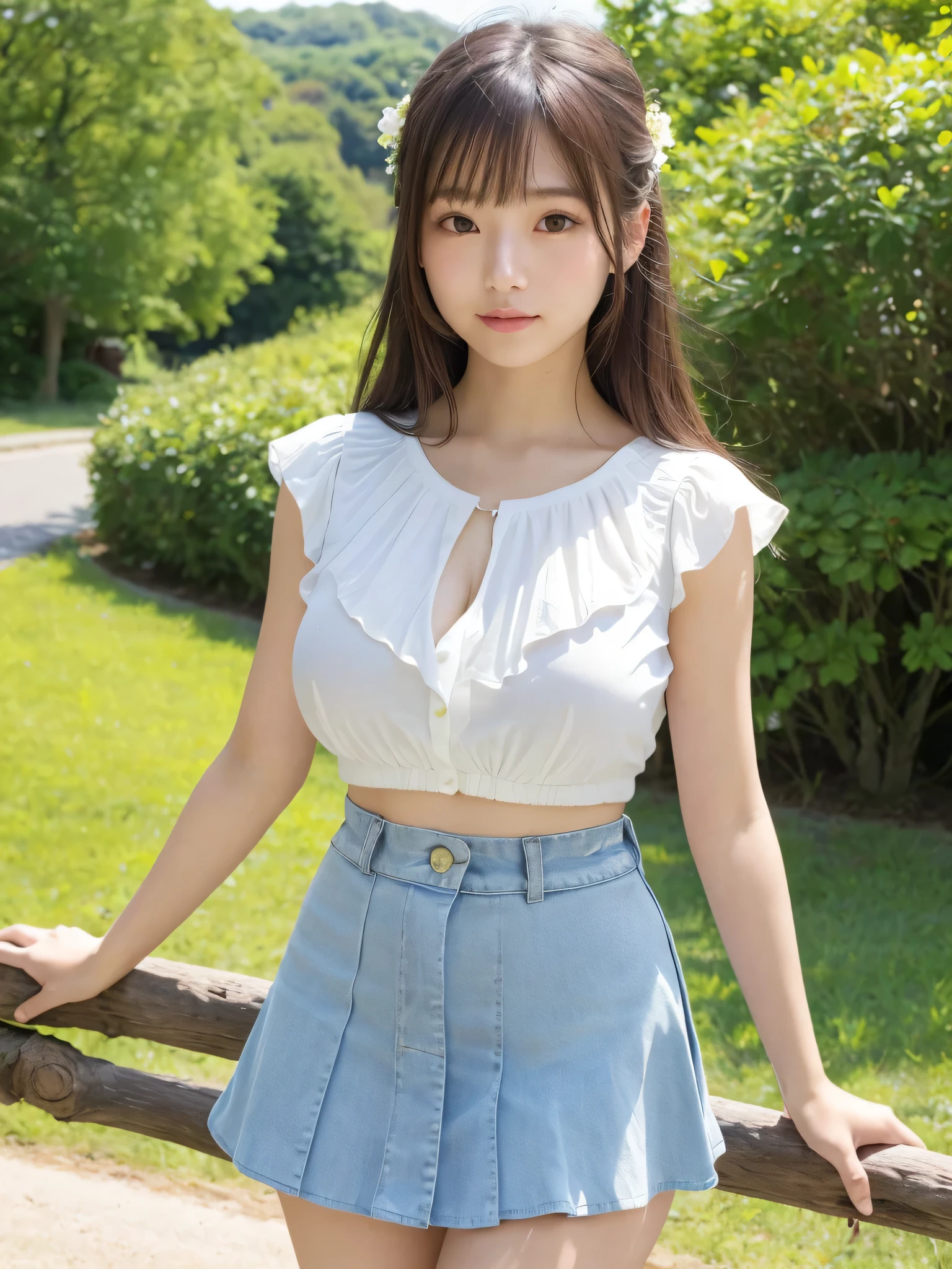 ((highest quality)), ((masterpiece)), (detailed), Perfect Face,(Huge breasts:1.4),Japanese Idols,Very beautiful woman,Cute face,Super delicate face,countryside,Shiny skin,Beautiful Hands,Delicate hands,Flared shirt,Shiny tight mini skirt,Not wearing a skirt,Are standing,Area from thigh to head