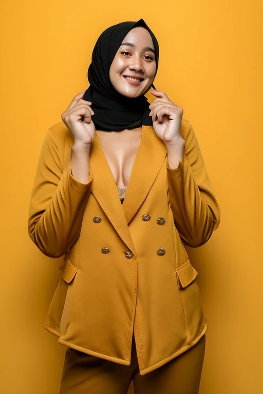 instagram photo, closeup face photo of 23 y.o, pale skin, (smile:0.4), hard shadows,  hijab, yellow lingerie 