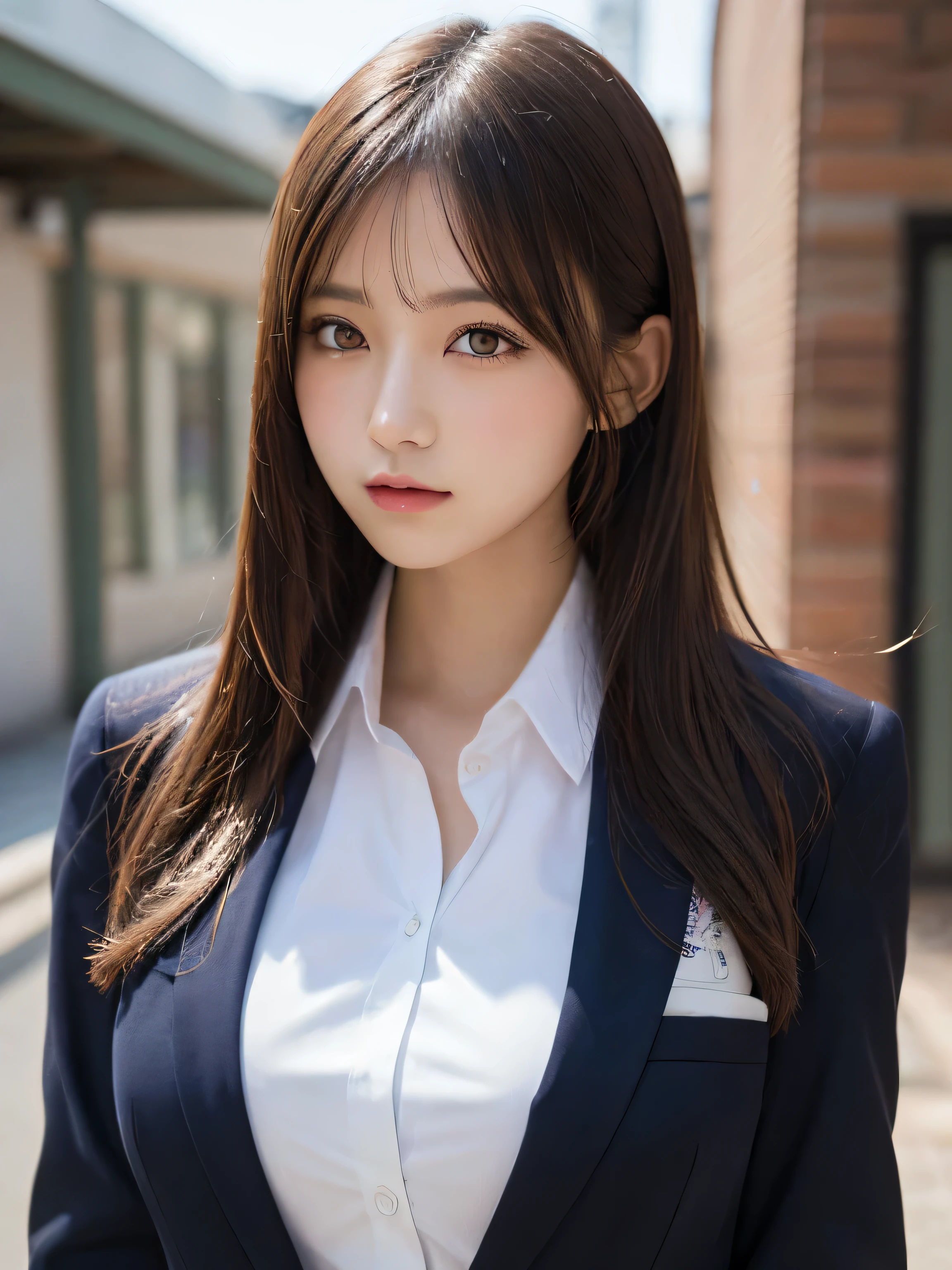 masutepiece, Best Quality, Illustration, Ultra-detailed, finely detail, hight resolution, 8K Wallpaper, Perfect dynamic composition, Beautiful detailed eyes, Natural Lip,Blazer ,, Big breasts, Full body,You can see the chest