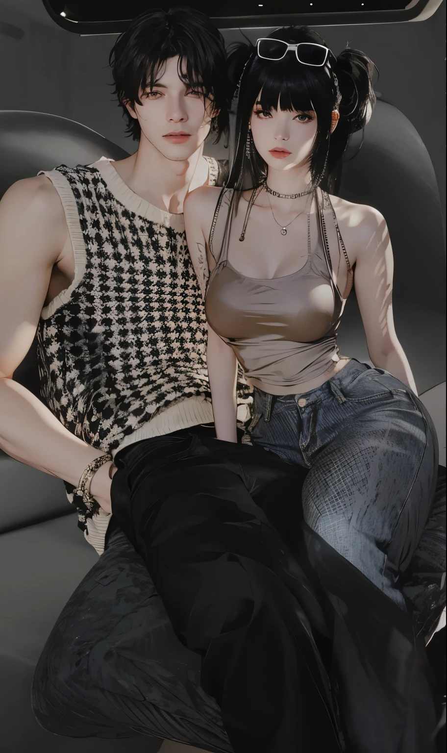 Hermosa piel detallada, cuerpo detallado, hermoso cabello detallado there are two people sitting on a couch in a car, grainy, intertwined full body view, very grainy, close up half body shot, couple pose, full body close-up shot, beans, second life avatar, loosely cropped, ( ( ( wearing jeans ) ) ), 2 b, 2b