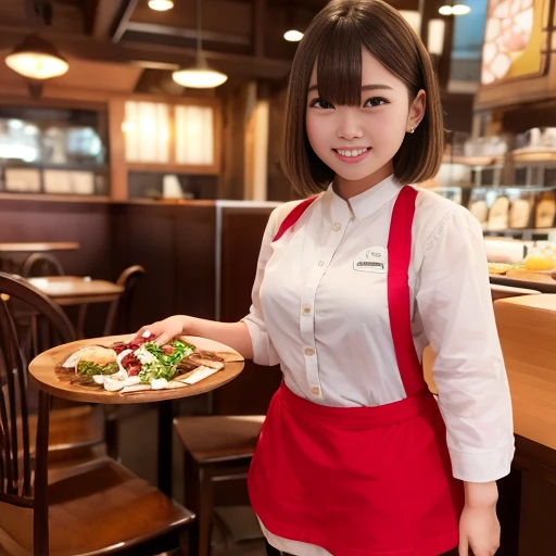 highest quality, Very detailed, figure,
AMTS, Ticker, alone, waitress, smile, restaurant, indoor, View your viewers, One girl, short hair, Grin, Red Skirt, Red Apron, Chair, shirt, Holding, menu, table,