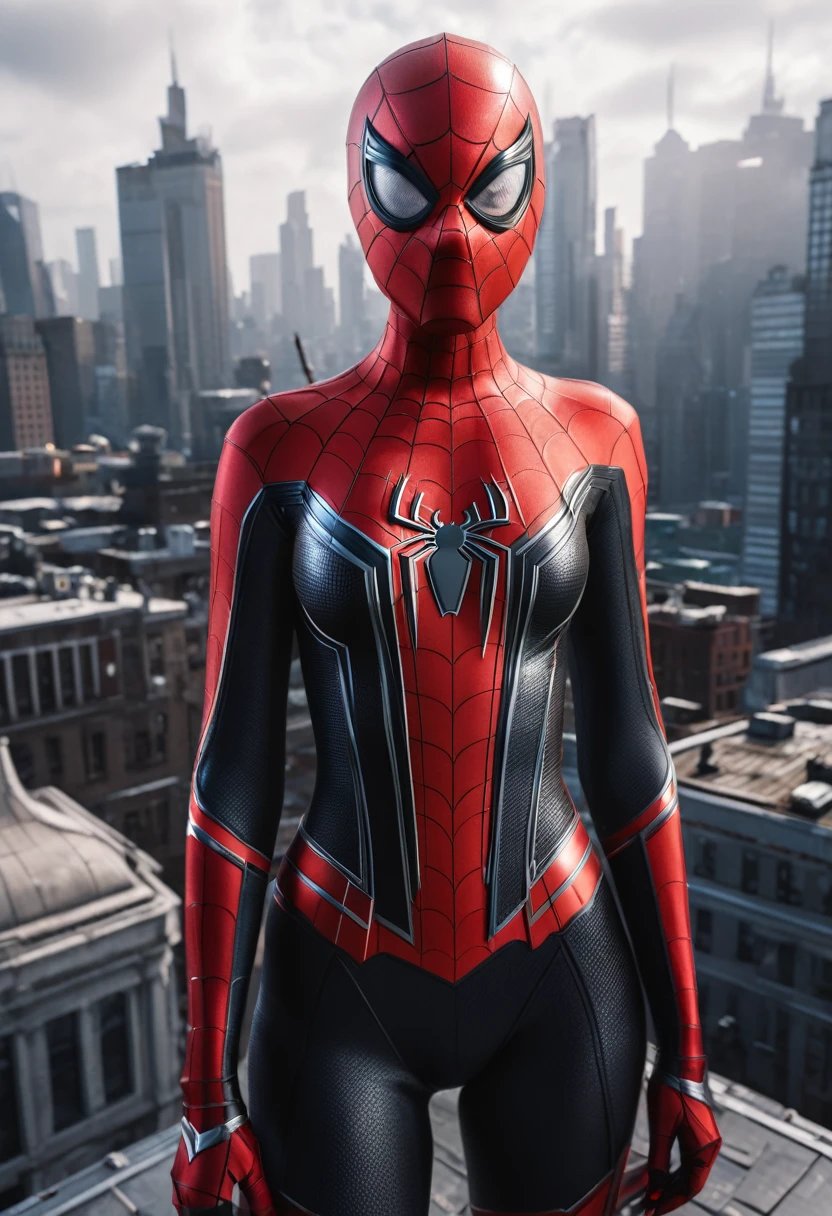 (1girl:1.3), Solo, (((Very detailed face)))), ((Very detailed eyes and face)))), Beautiful detail eyes, Body parts__, Official art, Unified 8k wallpaper, Super detailed, beautiful and beautiful, beautiful, masterpiece, best quality, original, masterpiece, super fine photo, best quality, super high resolution, realistic realism, sunlight, full body portrait, amazing beauty, dynamic pose, delicate face, vibrant eyes, (from the front), She wears Spider-Man suit, red and black color scheme, spider, very detailed city roof background, rooftop, overlooking the city, detailed face, detailed complex busy background, messy, gorgeous, milky white, highly detailed skin, realistic skin details, visible pores, clear focus, volumetric fog, 8k uhd, DSLR, high quality, film grain, fair skin, photo realism, lomography, futuristic dystopian megalopolis, translucent