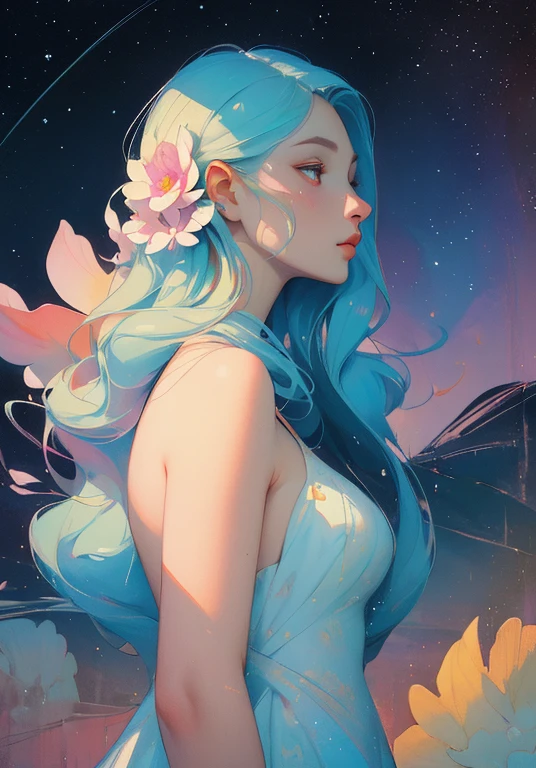 (best quality,actual,high resolution:1.2),pastel tones, painting,Impressionist strokes,from cubism, Fauvism to Surrealism and Abstraction, Beautiful and delicate eyes of a woman,Beautiful and delicate lips,flowing hair, Their artistic concepts and patterns are reflected in the clothing design.starry sky background, High quality, masutepiece, watercolor paiting, Cleaning technology, Colorful, Paint dripping and scattered, Paintings like Agnes Cecil, Blurry, Pale touch, Dirty outlines, Like in a fairy tale, Beautiful woman made of flower coloring, Feminine expression using flowers and plants, Cut and combine petals and leaves, Using flower colors and shapes to draw women's hair or dresses, Bright colors and nature, luminism, 3D Effects, Enhanced beauty, Albert Anker, Feel like John Howe, Greg Rutkowski, ArtGerm, wlop, luminism, isometric, by Yukisakura, awesome full color,