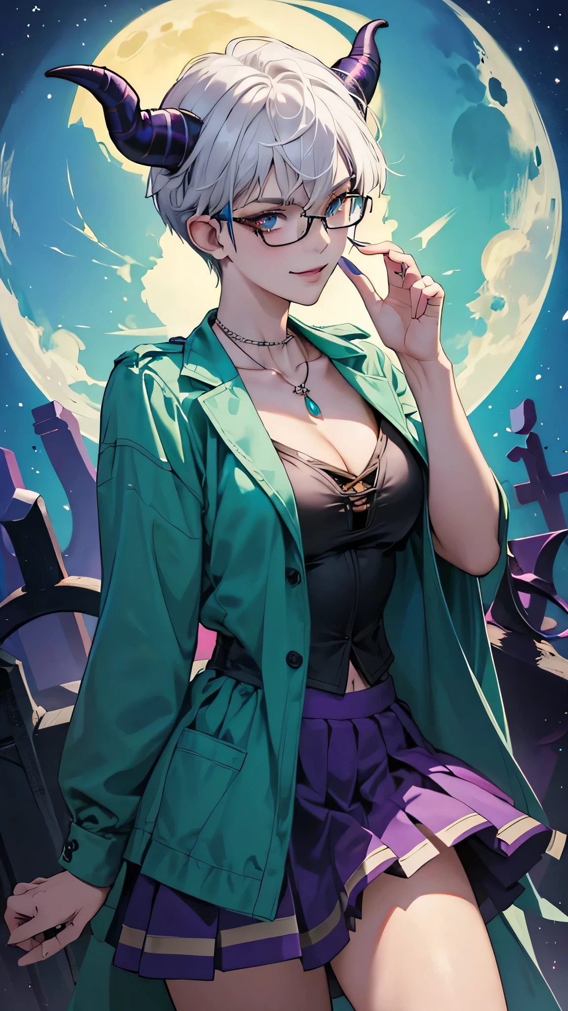 8k, masterpiece, best quality, highly detailed, 1girl, tiefling, warlock, solo, multicolored hair, very short straight hair green highlight hair on white hair, strippled hair, wearing glasses, round glasses, earrings, necklace, navel piercing, collarbone, cleavage,  short tight skirts, high heels, mole, glamorous, teal and purple clothing, villainy, smirk, seductive pose, close ups view, rings, looking at viewer, standing, demon horns, graveyard, skeletons, midnight, blue moon.