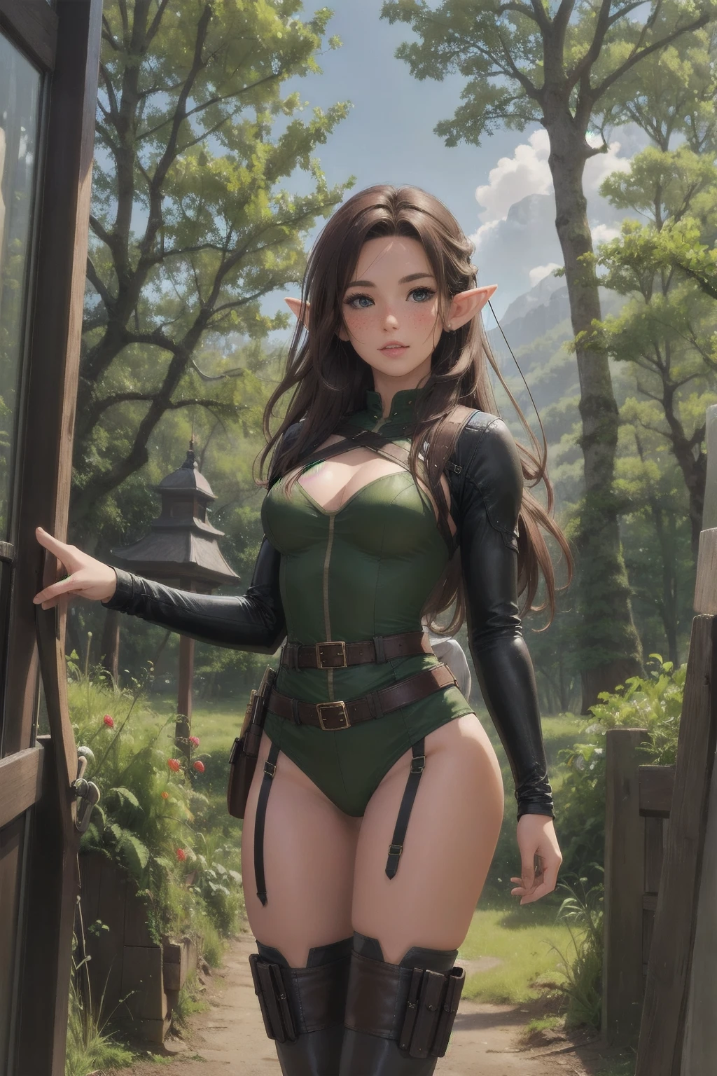 Masterpieces, best quality, perfect, wood, outdoors, forest, elf, sfw,26 years old, mature woman, leather, small ears, blushing, freckles, facing viewer, brown hair, full body, archer, long torso, mouth open, glossy lips, large waist, thick thighs, Standing up, facing viewer, thigh high socks, hourglass shape, slim waist, thigh gap, cleavege, adult woman, cleavege window, large breasts, beautiful background, perfect landscape, the most peacefull place you've ever been, a welcoming woman, lush pastures, leg strap, leg holster, belt, hunger games, holding wooden bow, holding fancy elf bow, milf, thigh boots held up by leather waist strap, cleavege cutout,