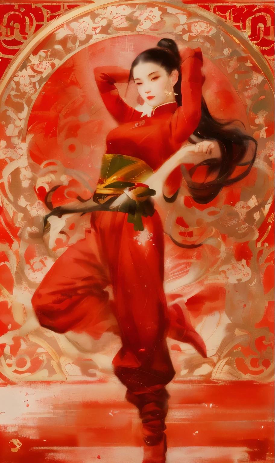 a painting of a woman in red with black hair, im Stil zarter Tuschewaschungen, epische Fantasy-Szenen, Chinese painting, bespritzt/tropfte, White background, traditional costumes, soft focus lens --ar 73:98 --stilize 750 --v 6