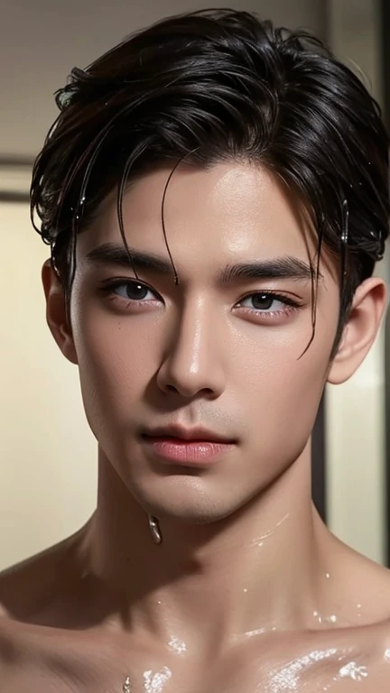 handsome male model, realistic concept, porceline face make up, cute lips, wet face after bath