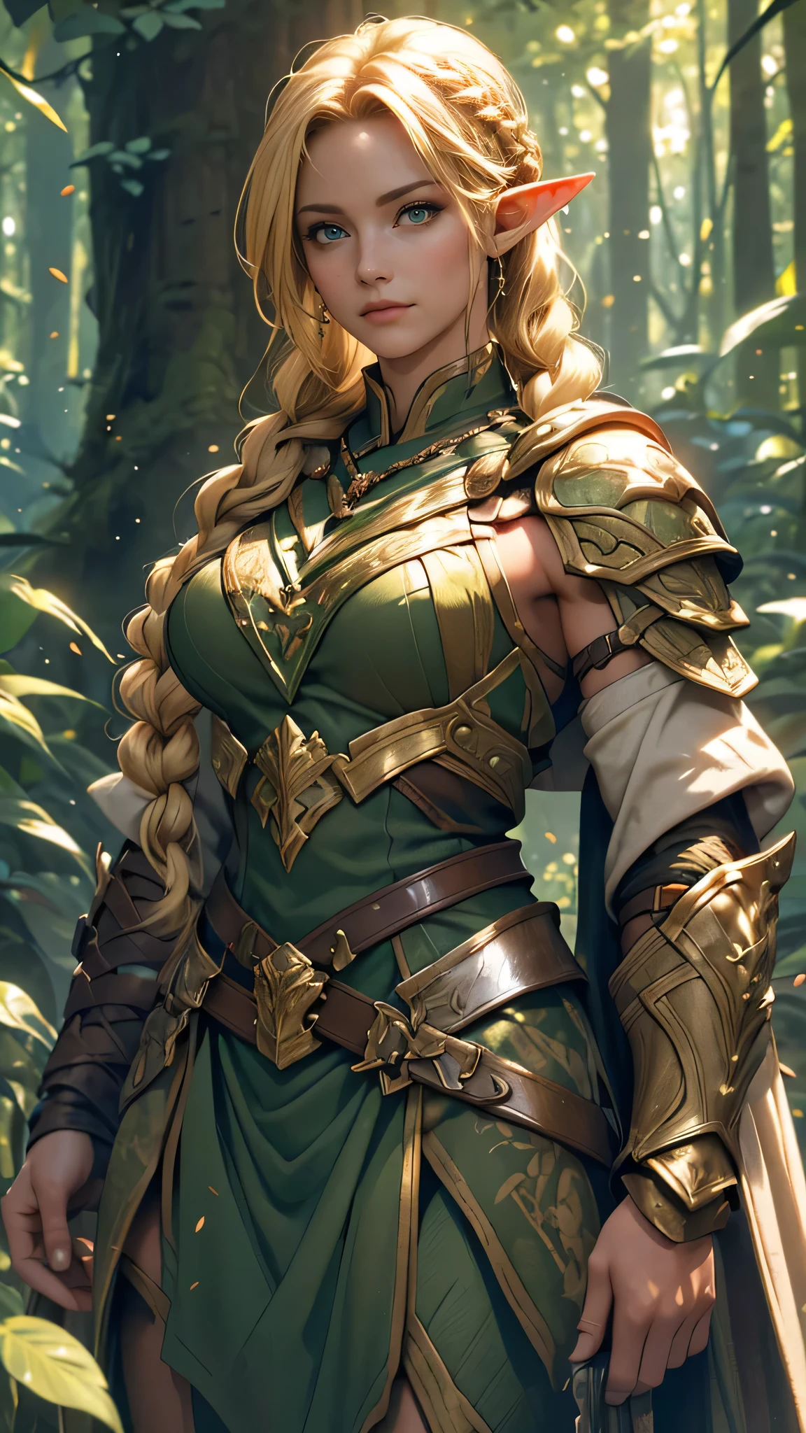 (blonde hair,long braids,green armor,arrow,warrior girl,elf,deep forest,dense forest,tree branches,fantasy theme) (best quality,4k,8k,highres,masterpiece:1.2),ultra-detailed,(realistic,photorealistic,photo-realistic:1.37),HDR,UHD,studio lighting,ultra-fine painting,sharp focus,physically-based rendering,extreme detail description,professional,vivid colors,bokeh,portrait,colorful,enchanted,twilight light