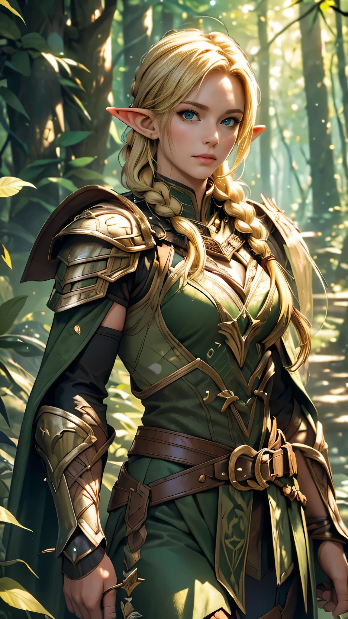 (blonde hair,long braids,green armor,arrow,warrior girl,elf,deep forest,dense forest,tree branches,fantasy theme) (best quality,4k,8k,highres,masterpiece:1.2),ultra-detailed,(realistic,photorealistic,photo-realistic:1.37),HDR,UHD,studio lighting,ultra-fine painting,sharp focus,physically-based rendering,extreme detail description,professional,vivid colors,bokeh,portrait,colorful,enchanted,twilight light