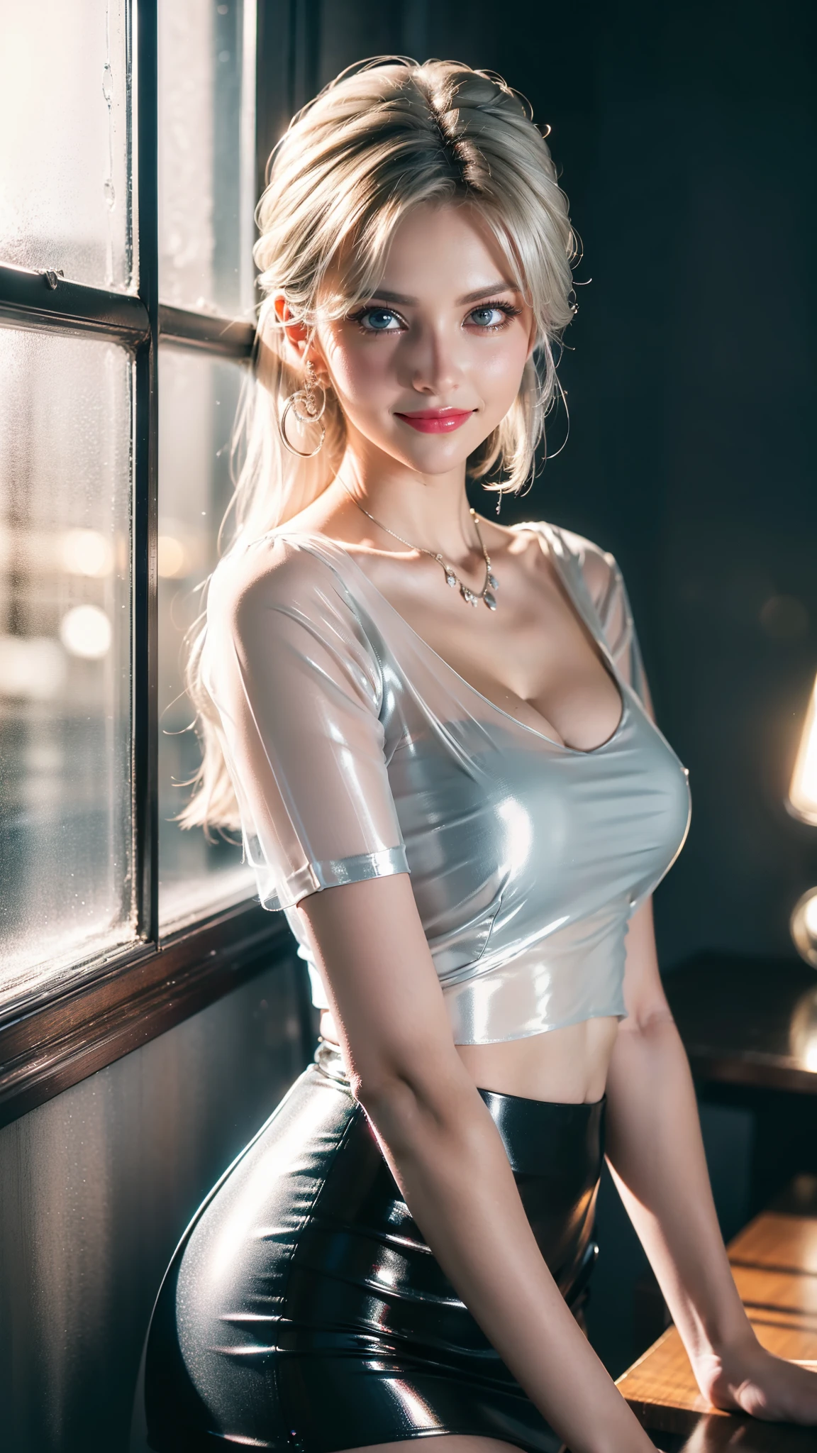 (best quality,ultra-detailed,photo-realistic:1.37),Bright and Vibrant colors,studio lighting,playful expression,stylish makeup,Police woman, pin up style uniform, ((translucent sheer top )),Slim Figure, Medium BREAST, high fashioned, amazing cleavage, silver hair flowing in the wind,alluring eyes,glossy lips,sexy pose, smiling in a confident and seductive way, posing for a professional photoshoot, shallow depth of field, highlighting the main subject, soft natural lighting, creating a dreamy and magical atmosphere.
