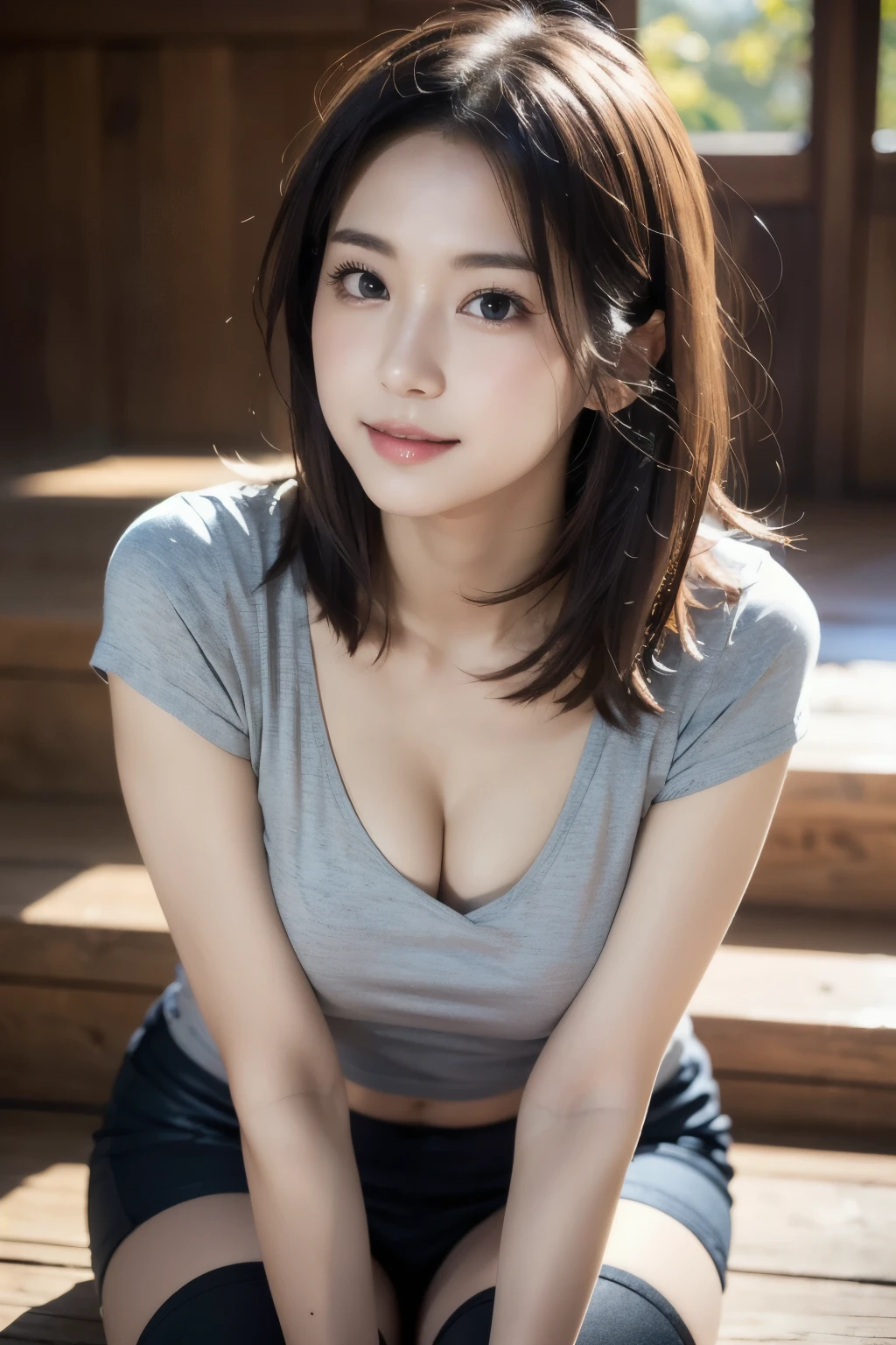 (((Knee-high portrait)))、Dressed、Short hairstyle、(フォトReal:1.4)、(Hyperrealistic:1.4)、(Real:1.3)、(Smooth lighting:1.05)、(Improved lighting quality in videos:0.9)、32K、 One girl、20 year old girl、Realなライティング、(Improve image quality:1.4)、(最高品質のRealな質感の肌)、Close-up face、T-Shirts、(Body line mood improvement:1.1)、Glowing Skin、actress、Korean Idol、Nogizaka Idol、Gravure idol posing