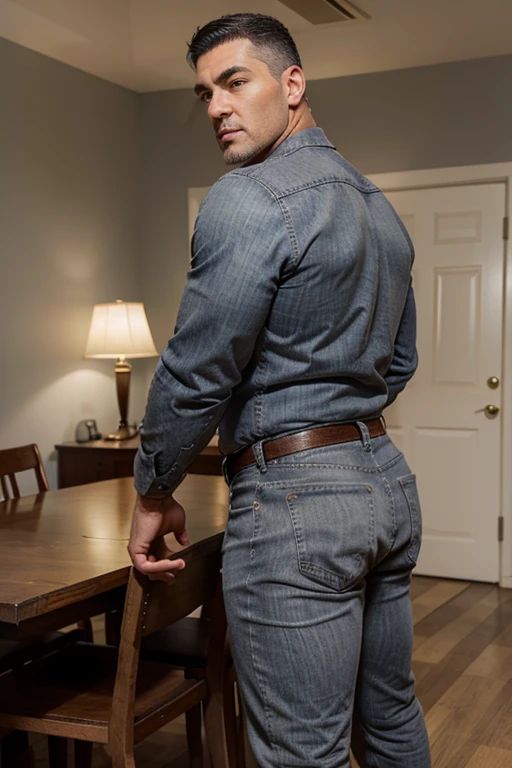 He's a big boy with Short gray hair, calm golden eyes, intense gray eyebrows with eyelashes of the same color, light brown skin, a scar on his left jaw, Serious facial features. He has no beard and no mustache. + He is in his fifties. Full body. Big muscular body, Big butt, Muscular legs. Blue Jeans backside, bent over backside