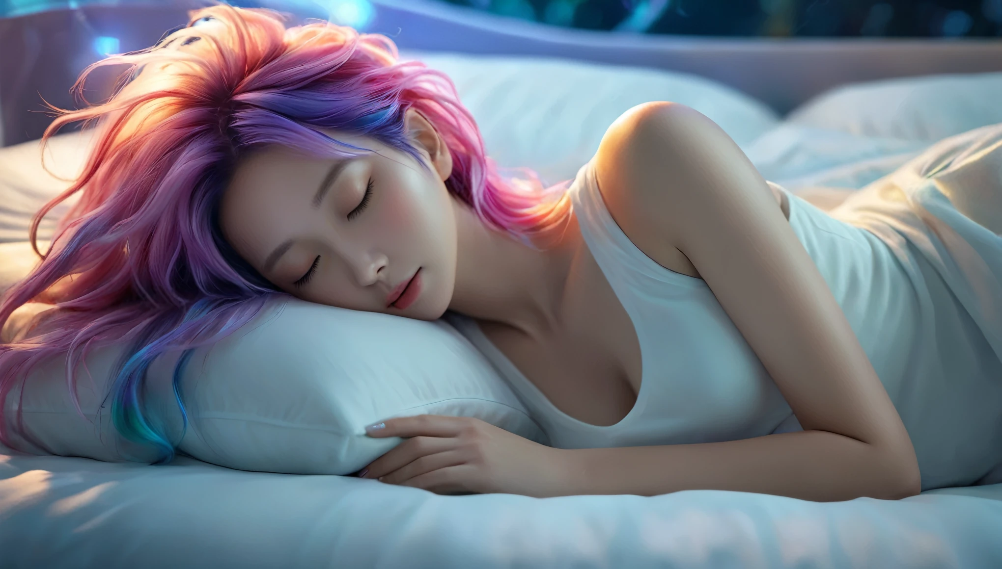 (best quality,8k,ultra-detailed:1.2),(CG,CG art,3D rendering),(masterpiece:1.2),(Sexy clothing),(movie lighting,futuristic),(woman lying in bed,sleeping,closed eyes),(large window behind her,tranquil night),(colorful hair:1.5)
