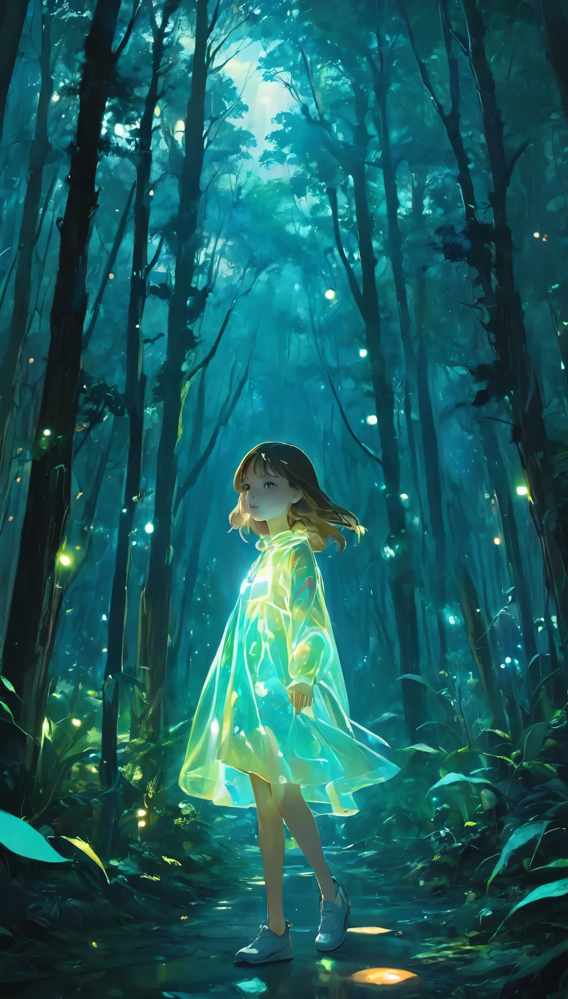 Portraiture,In this fantastic painting,a girl with a translucent glowing body wanders through a mysterious forest,Surrounded by strange lights,upper_body,Dim background、Inorganic background、light up