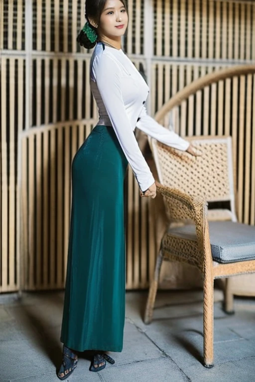 A school teacher is 60years old.Tall, thin, big hips, big breasts, blonde hair, small lips, blue eyes, attractive, 64K.Top=white Burmese blouse,With long sleeves,Buttoned at the side.Bottom=(Dark green) long skirt.
Footwear=female Burmese sandals,The hair is knotted bun.European.
2girls