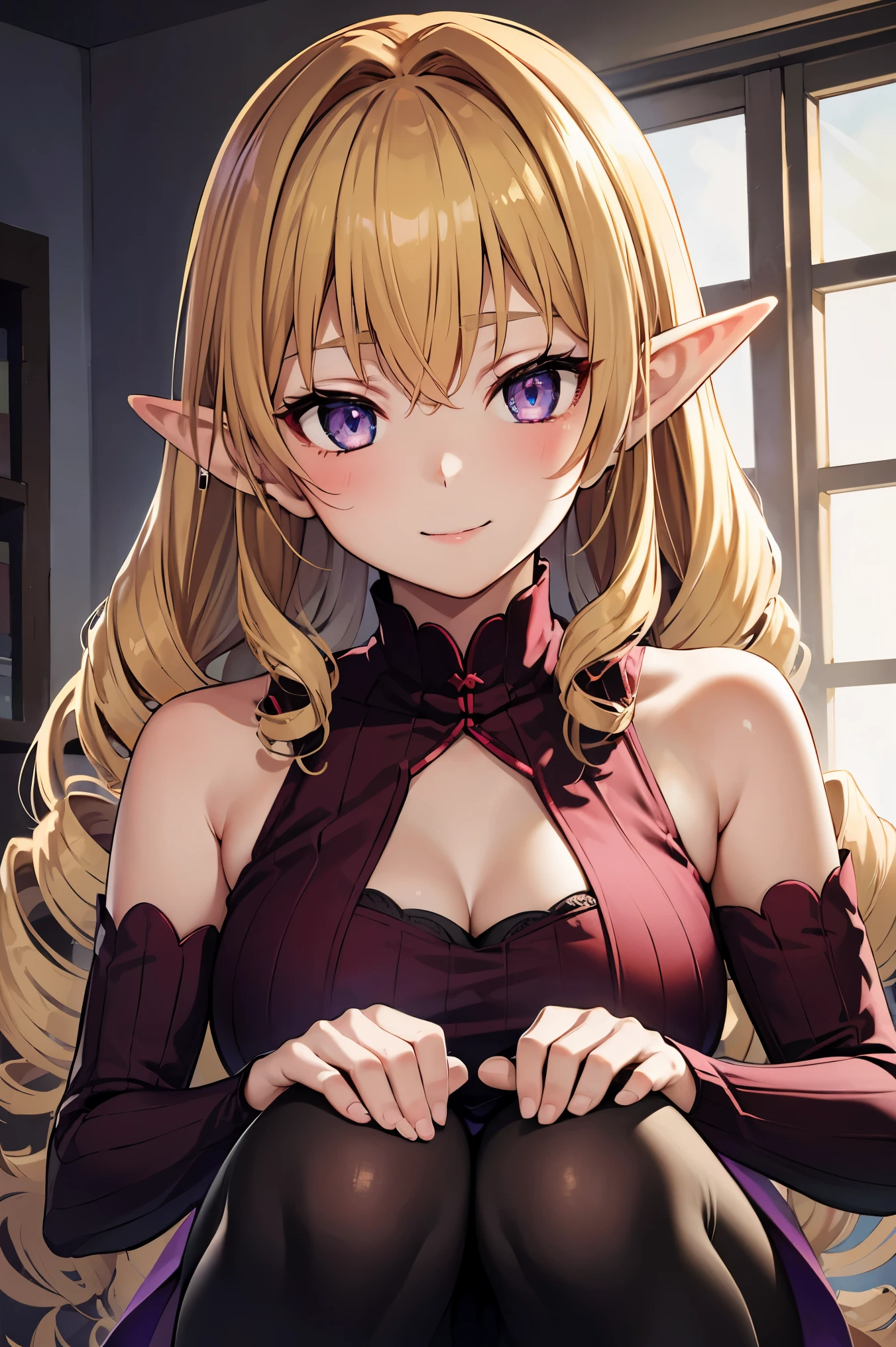 1girl, elinalise, elf, pointy ears, red eyes, blonde hair, hair drills,medium breast, 
BREAK (dress, purple dress, ribbed dress, detached sleeves, sleeveless:1.2)
BREAK Cute underwear、Upper body portrait、Squatting panchira, A smile, BREAK (masterpiece:1.2), best quality, high resolution, unity 8k wallpaper, (illustration:0.8), (beautiful detailed eyes:1.6), extremely detailed face, perfect lighting, extremely detailed CG, (perfect hands, perfect anatomy),