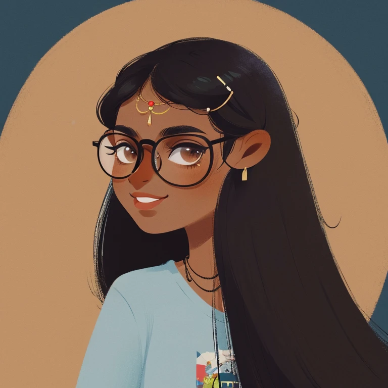 a Brown skin girl with black straight and long hair with silver and round glasses is smiling, arte lofistyle, fanart oficial, arte lofi, Rhads e Lois Van Baarle, retrato de lofi, jazz e rossdraws, lazy |, fanart de alta qualidade