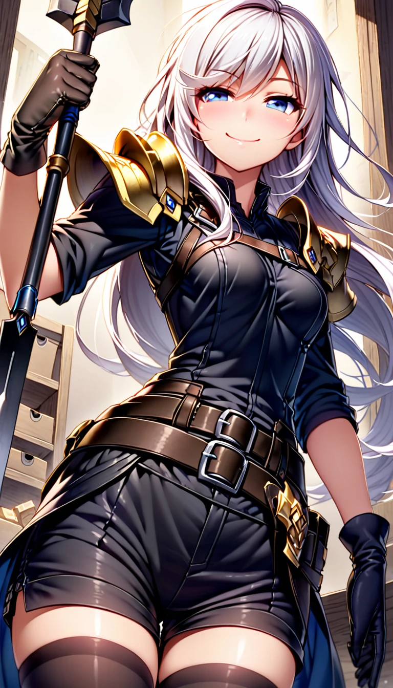 woman, The character closes both eyes.., smile, long hair, blue-white hair, I cover my right eye., Wear only shoulder armor.. Golden Shoulder Armor, Wear a sleeveless black shirt.. Below is a waist belt.. There is a small storage box attached to the belt.. There was a small knife attached to his belt., black shorts. He carried a long spear over his shoulder.. The other hand is on the waist., Wear black gloves., Wear black stockings that reach mid-calf length.
