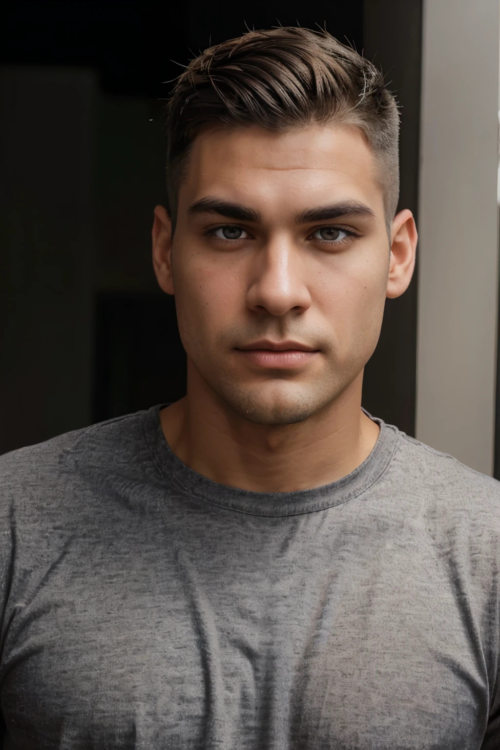 He's a big boy with Short gray hair, calm golden eyes, intense gray eyebrows with eyelashes of the same color, light brown skin, a scar on his left jaw, Serious facial features. He has no  beard and no mustache. + He is in his twenties. Full body. Jeans 