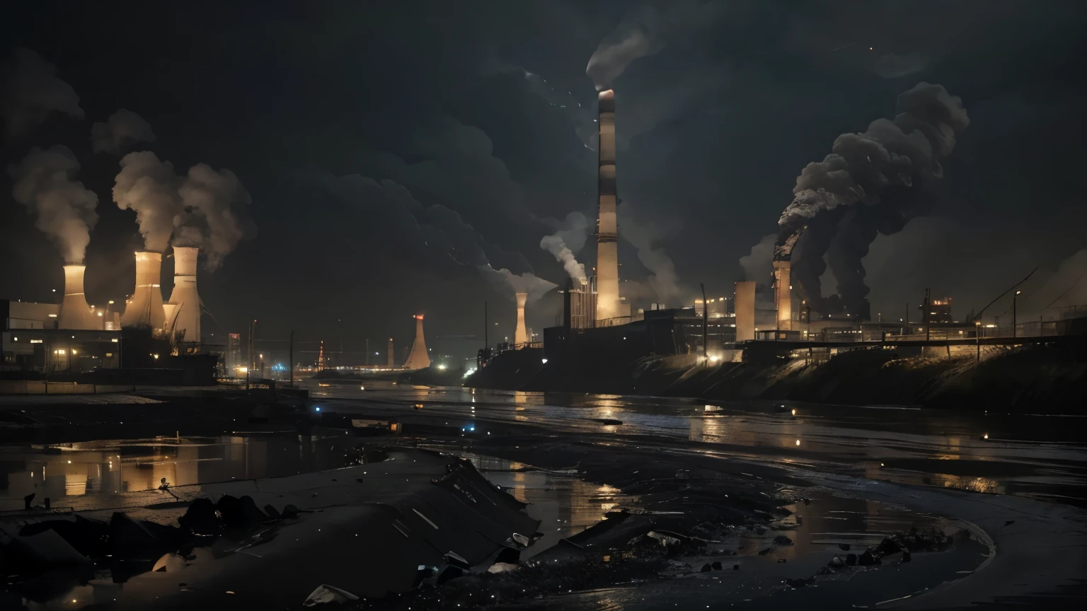 The once-pristine river now flows thick with pollutants, its waters a murky shade of black. Dead fish float lifelessly on the surface, victims of toxic contamination. Along the riverbanks, under black and smoggy skys, factories loom ominously, their smokestacks casting shadows over the poisoned waters.