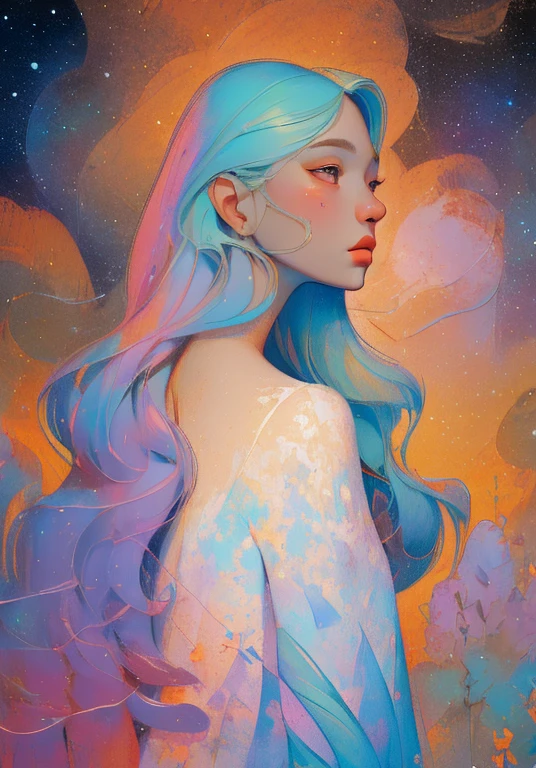 (best quality,actual,high resolution:1.2),pastel tones, painting,Impressionist strokes,from cubism, Fauvism to Surrealism and Abstraction, Beautiful and delicate eyes of a woman,Beautiful and delicate lips,flowing hair, Their artistic concepts and patterns are reflected in the clothing design.starry sky background, High quality, masutepiece, watercolor paiting, Cleaning technology, Colorful, Paint dripping and scattered, Paintings like Agnes Cecil, Blurry, Pale touch, Dirty outlines, Like in a fairy tale, Beautiful woman made of flower coloring, Feminine expression using flowers and plants, Cut and combine petals and leaves, Using flower colors and shapes to draw women's hair or dresses, Bright colors and nature, luminism, 3D Effects, Enhanced beauty, Albert Anker, Feel like John Howe, Greg Rutkowski, ArtGerm, wlop, luminism, isometric, by Yukisakura, awesome full color,
