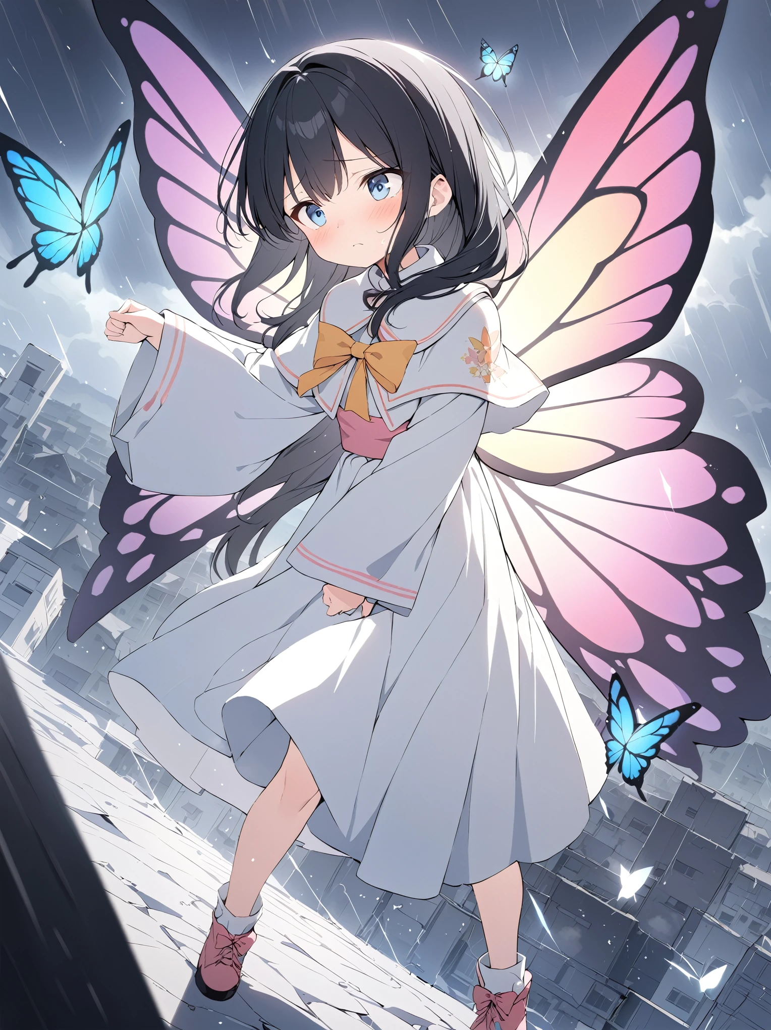 best quality, masterpiece, ultra resolution, super details, anatomically correct, (full body:1.2), 1 girl, solo, (junior child:1.2), (black hair:1.2), high quality eyes, high quality hands, clear blue eyes, (hair under shoulder), loose hair, white dress, (white caplet:1.3), (large collar bow:1.5), long sleeves, (wide cuffs:1.3), pink obi, (long skirt), (soft ankle boots:1.2), (huge colourful butterfly wings:1.6), (wings of light:1.3), (protesting in storm:1.3), sad expression, above a town, visible cyclone wind, wide camara, high quality background, detailed background, depth of field, dynamic angle