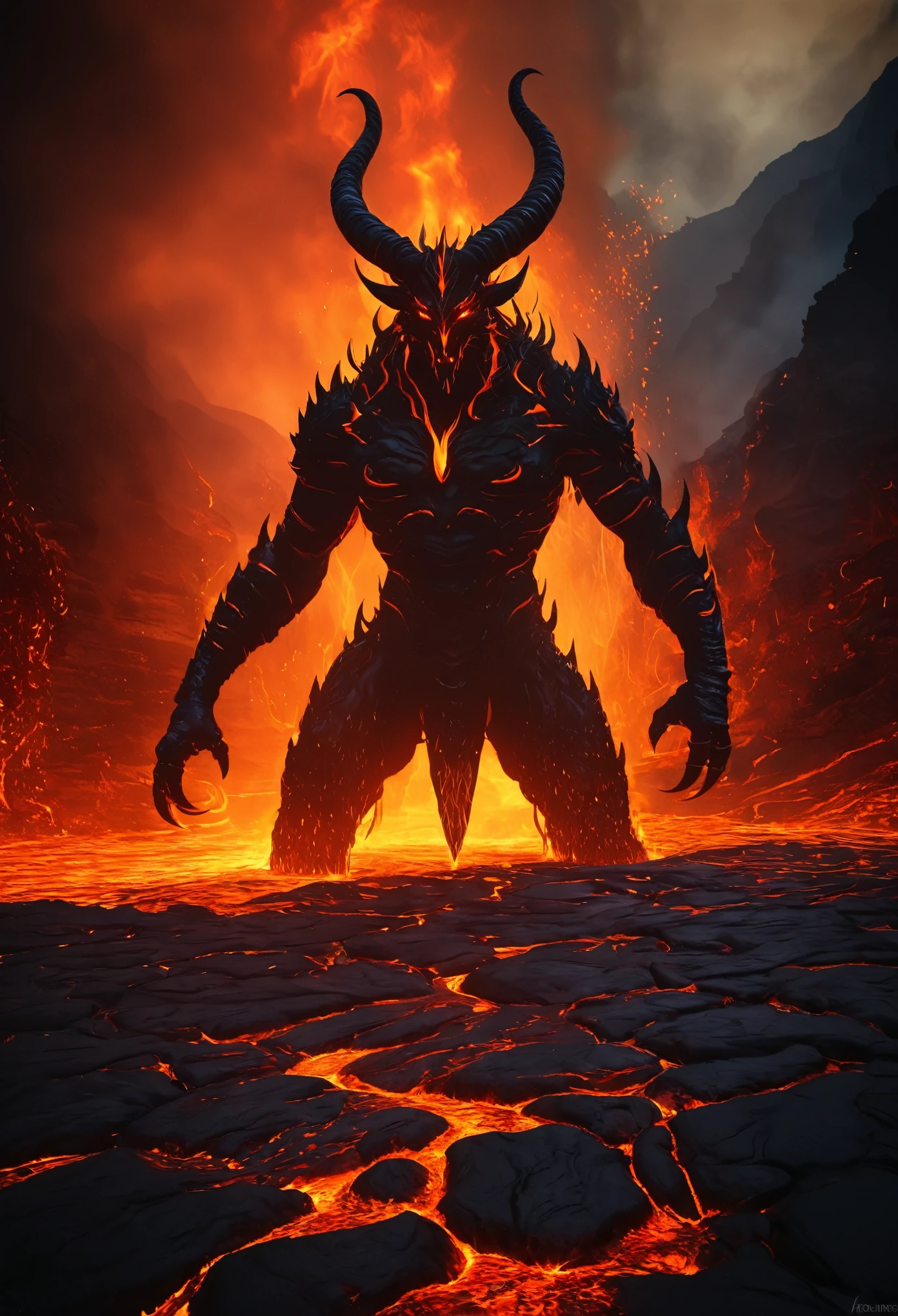 (highres,masterpiece),lava demon,fiery eyes,scorching skin,demonic horns,giant stature,molten lava flowing,smoke and ash,majestic and terrifying presence,dark and ominous atmosphere,glowing ember veins,ominous shadows,cracks revealing fiery depths,sinister aura,intense heat radiating,otherworldly power,fierce and menacing gaze,unleashing fiery destruction,blazing inferno,ominous silhouette emerging from the depths of the earth,roaring flames,intense magma flows,glowing red hot rocks,destruction and chaos,lava rivers cascading into the abyss,unstoppable force of nature,reign of fire and fury,ominous rumblings from the depths of the earth,unleashing its wrath upon the world,devouring everything in its path,inspired by ancient legends and mythology,nightmarish and awe-inspiring,embodying the power of the underworld,vengeful and unstoppable，xianxia